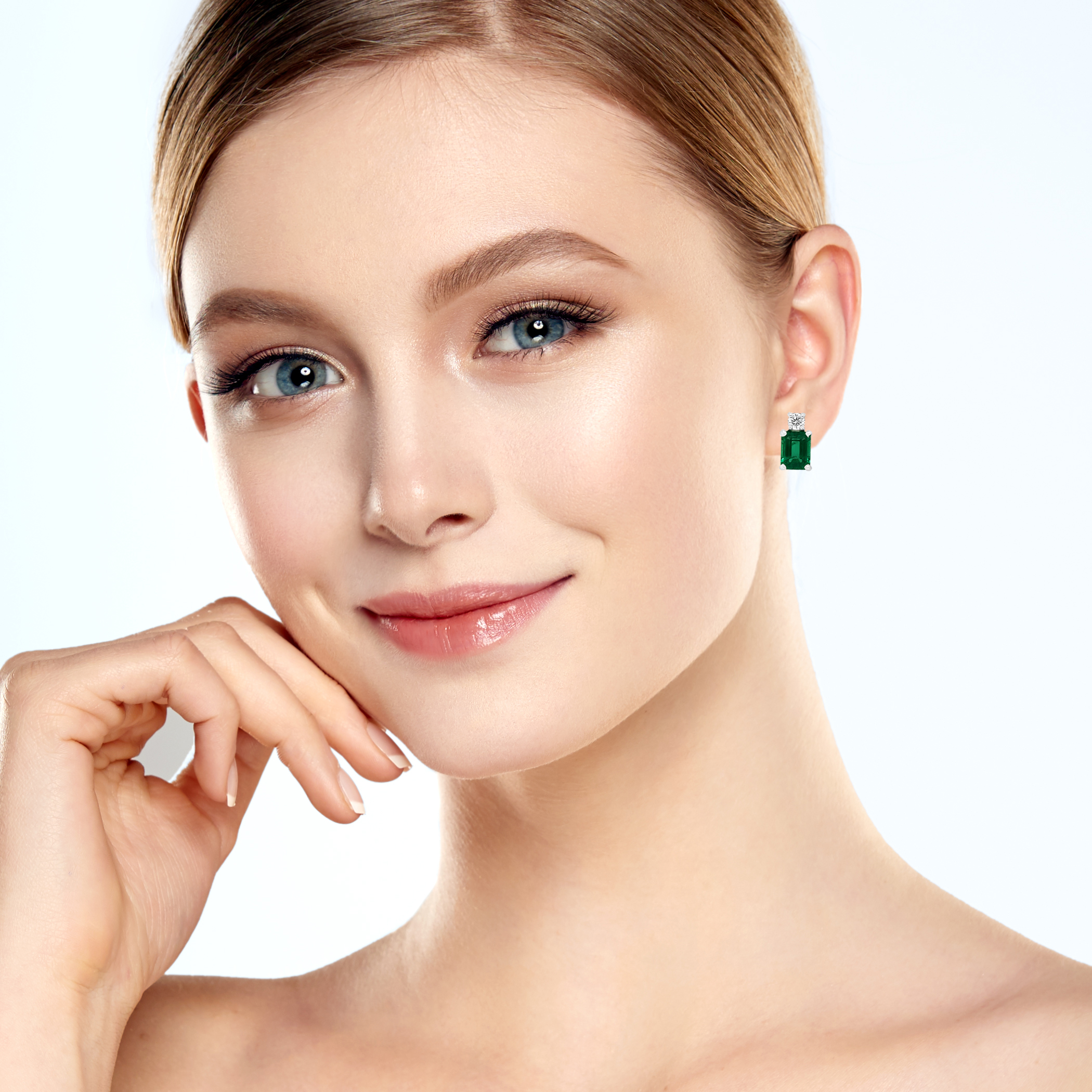 14KW GOLD EMERALD CUT EMERALD AND ROUND DIAMOND STUD EARRINGS EM=3.00CT D=.33CT